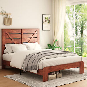Farmhouse Wood Platform Bed with Headboard w/Solid Wood Slats and Metal Frame
