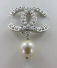 Authentic Signed Chanel CC Pin Faux Pearl Drop Silver Tone Brooch France 2