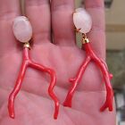 Earrings real red coral branch + rose quartz set in silver 925 size 55mm long