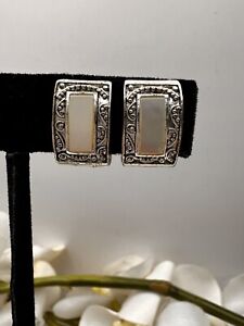 Vintage Silver Tone Monet Mother of Pearl Magnetic Clip Earrings