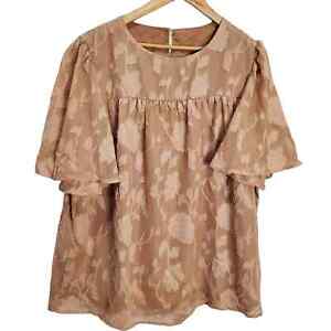 Floral Blouse Womens Size XL Tan Boxy Layered Babydoll Burnout Bell Sleeve