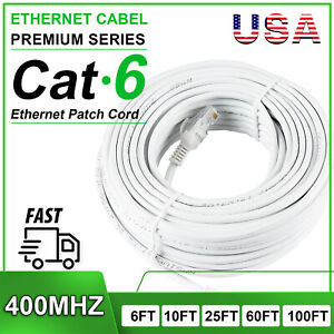 Cat6 Ethernet Cable RJ45 Network Cord Internet White Patch 6/10/25/60/100ft