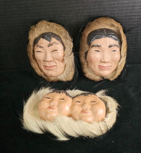 New ListingVtg Handpainted Alaskan Inuit Ceramic Masks With Caribou Fur Trim, Signed
