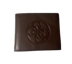 Guess Men’s Brown Leather Bifold Wallet Embossed Graphic Rare Design