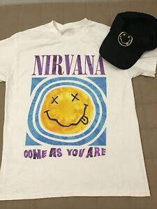 Nirvana BUNDLE Come As You Are Smiley White Shirt Size Men's Medium & Black Cap