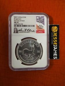 2021 SOUTH AFRICA SILVER KRUGERRAND NGC MS70 FIRST DAY ISSUE ANNA CABRAL SIGNED
