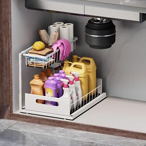 2 Tier Under Sink Organizer Sliding Storage Drawer Kitchen Bathroom Cabinet
