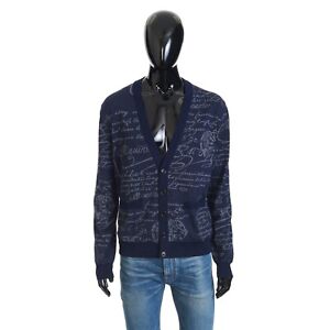 BERLUTI 1240$ Cardigan In Winter Night Blue Scritto Wool Jacquard