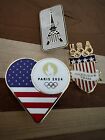 2024 Paris Olympics Badge Set Of 3 Pins- Flag Heart with Logo, Eiffel & Team USA