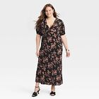 Women's Crepe Puff Short Sleeve Midi Dress - A New Day Black/Brown Floral 3X