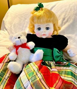 Vintage ‘65 Madame Alexander 22” Pussycat Baby Doll In Christmas Dress with Bear