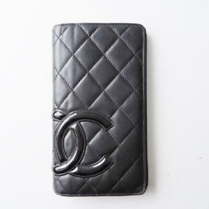 Auth CHANEL Cambon Line - Black Lambskin Patent Leather Long Wallet