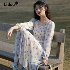 Summer Fashion Sweet Korean Style Chiffon Floral Dress Long Sleeve Square Collar