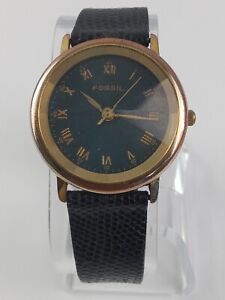 Vintage Fossil Watch Women Gold Tone Rivoli Crystal Leather Band New Battery