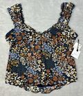 Originality XL Floral Print Puff Sleeve Front Tie Ruffle Trim Babydoll Top