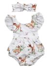 Baby Girl Backless Deer Floral Printed Ruffle Sleeve Sunsuit Romper Outfit