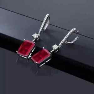 Lab-Created Red Ruby 3Ct Emerald Cut Drop/Dangle Earrings 14K White Gold Plated