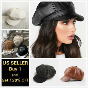Fashion Ladies Women Girls Leather Baker Boy Peaked Cap Newsboy Hat