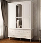 Armoire Wardrobe with Mirror White Bedroom Closet 3 Doors Drawers Hanging Rod