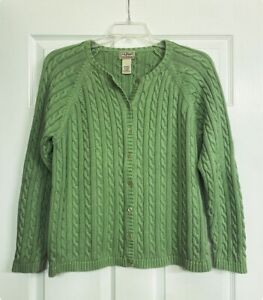 LLBEAN Classic Women’s SPRING Green Cable Knit Vintage Cardigan XL Sweater EUC