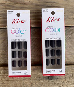 2 Kiss Salon Color Glue-on Nails 24 Short Length Square Tip Damsel Black Matte