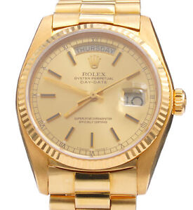 Mens Rolex 18K Gold Day-Date President Watch Gold Champagne Dial 18038