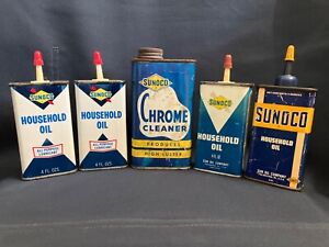 *Lot* Sunoco Household Oil (4) 4 fl oz oiler metal cans Sunoco Chrome Cleaner