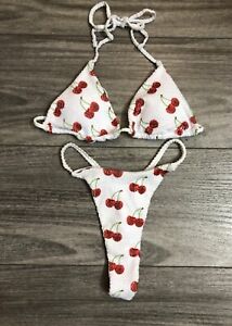 Brazillian Style White Cherry Print Halter Bikini Set Size S