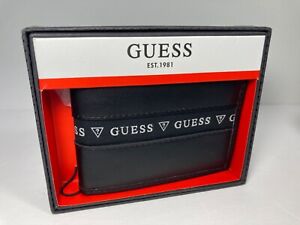 Mens GUESS LOGO STRIPE Black Bifold Wallet w/Flip Up Card Window NWT in Gift Box