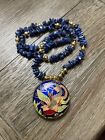 Vintage Estate Find Necklace 23” Blue Cloisonné Pendant Bird And Floral Enamel
