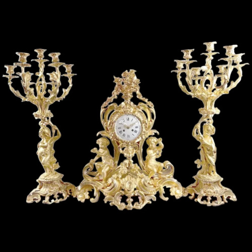 Antique French Louis XV Clock Set of Bronze with Original Gold Finish - 1840s