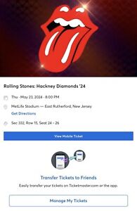 3 Rolling Stones tickets May 23• Thu • 8:00PM • 2024 MetLife Stadium, NJ $175 Ea