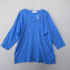 Quacker Factory Top Women Plus 2X Blue Sequin Embellished Ribbed 3/4 Sleeve