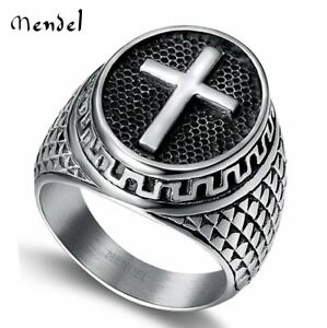 MENDEL Stainless Steel Mens Christian Cross Ring For Men Women Silver Size 6-15