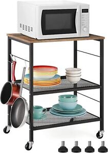 3 Tier Microwave Oven Stand Table Kitchen Bakers Rack Cart with Wheels 10 Hooks