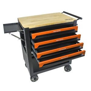 4-Drawers Wood Top Tool Chest Mobile Workbench Tool Cart Rolling Storage Cabinet