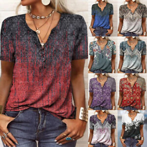Women V Neck Button Boho Floral T-Shirt Tops Short Sleeve Casual Loose Blouse US