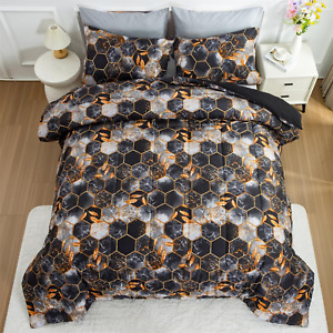 Gold Black Comforter Set Queen Size Modern Geometric Bedding Set & 2 Pillowcases