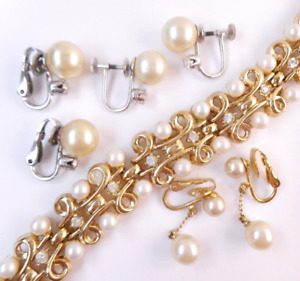Vtg Crown TRIFARI Rhinestone Fx  Pearl Bracelet & 3 Pairs Fx Pearl Earrings