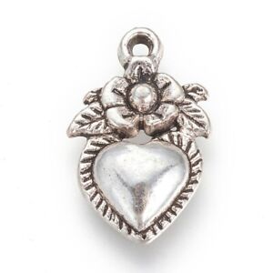 Heart Charms Antiqued Silver Love Pendants Flower Heart Jewelry 8pcs