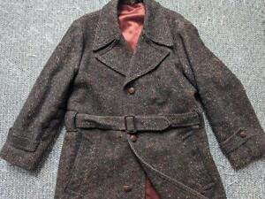vintage TWEED brown fleck 40S herringbone BELTED trench coat NORFOLK donegal