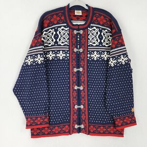 Vintage Sweater Womens XL Blue Red Fair Isle Norway Wool Cardigan Lill Design