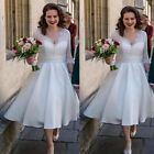 Elegnet Short Wedding Dresses Tea Length Mid Calf Lace Satin Long Sleeves V Neck