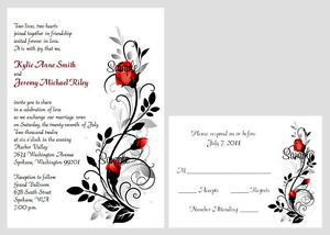 100 Personalized Red Black Rose Swirl Bridal Wedding Invitations Set RSVP Cards