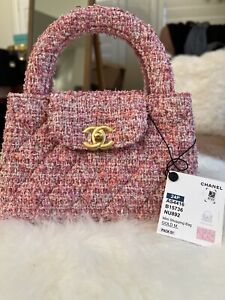 New Chanel 24P KELLY Mini Barbie Pink Tweed Top Handle Shopping Bag Handbag Gold