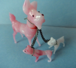 Vintage 1950's Blown Glass Pink Boxer Dog with Pink & White Pups on Chains