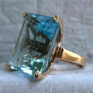 925 Sterling Silver Ring Aquamarine Vintage Jewelry Gemstone Big Size Women's :)