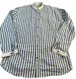 Wah Maker Frontier Wear Cowboy Shirt Banded Collar LT Woven Blue Stripe Button