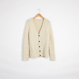 Vintage Cable Knit Wool Cardigan Sweater Mens Large - Beige Preppy Distressed