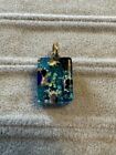Vintage Murano glass rectangle necklace pendant Blue Green Gold